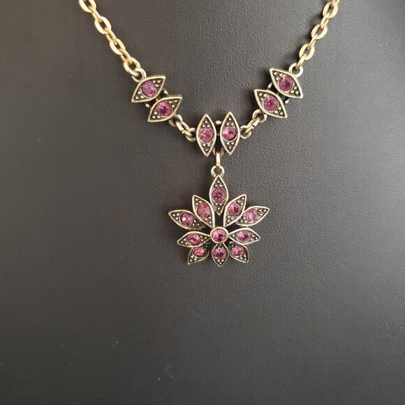 Caroline Necklace Gold Tone Purple Rhinestones in Black Art Deco Style Signed - Picture 4 of 9